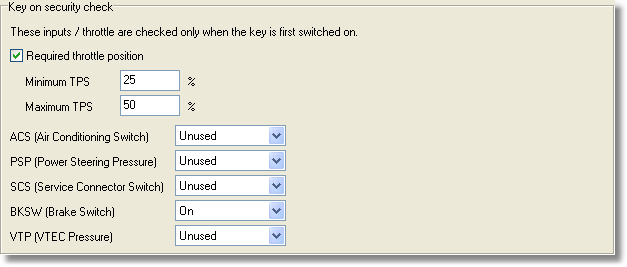 Example settings: Do not start the engine unless the throttle is between 25-50% on key on, and the brake switch is on.